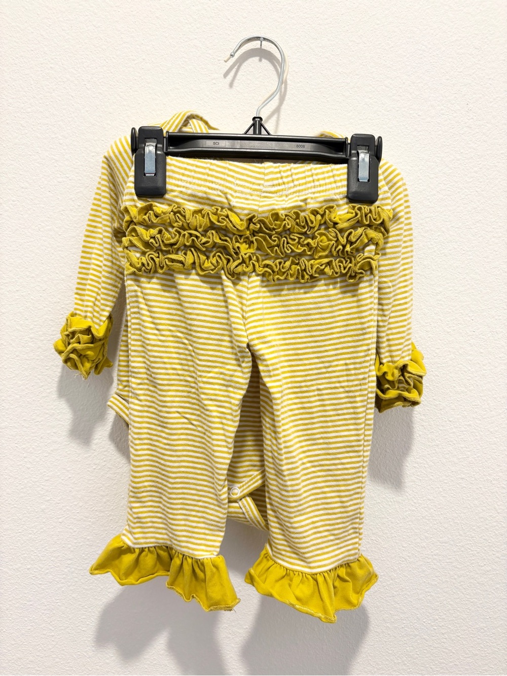Marie Nicole Clothing Yellow Striped Ruffle Cuff Baby Bodysuit